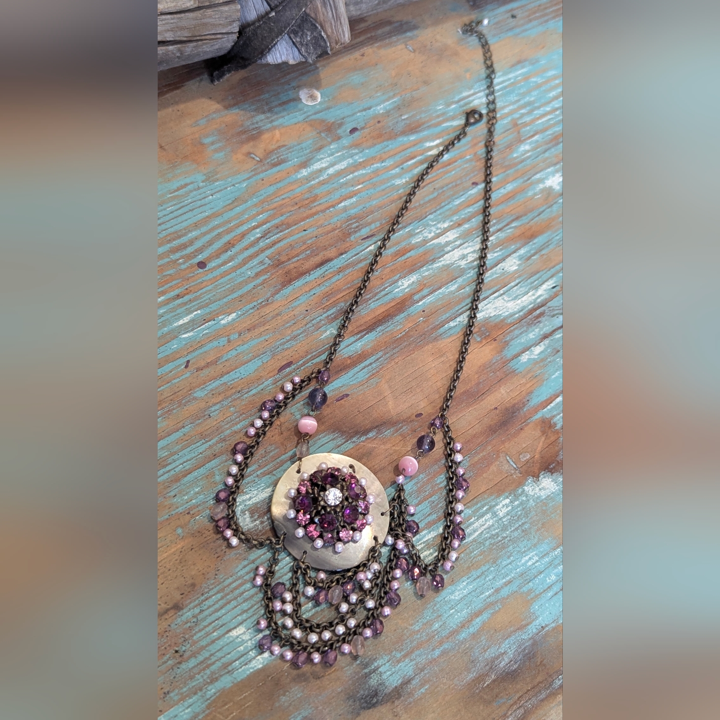 Vintage Beaded Necklace With Pink And Purple Accents 15$